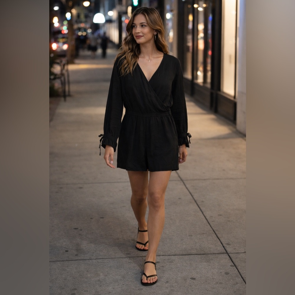 AllSaints Black Linen Romper – Long Sleeve, Tie Cuffs, Size M